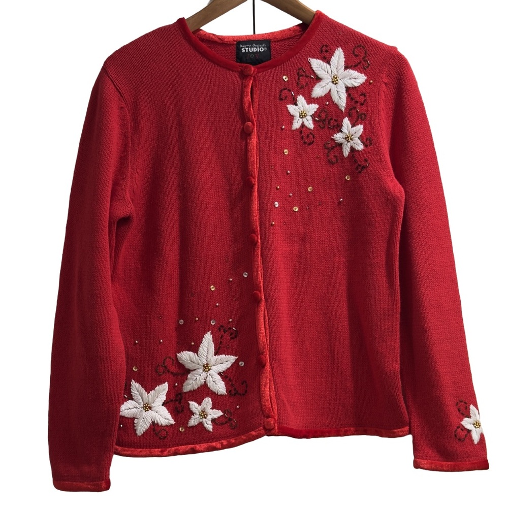 Designer Original Studio Joy Bright White Poinsettias Christmas Sweater Size PL